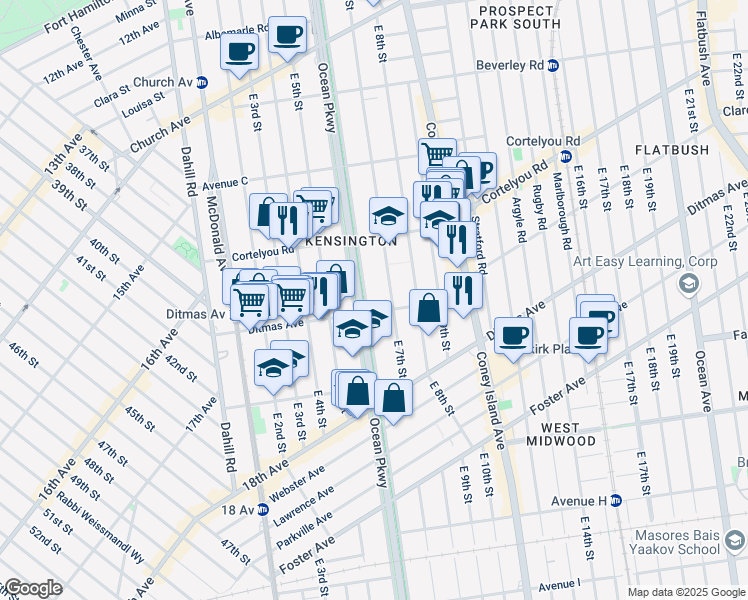 map of restaurants, bars, coffee shops, grocery stores, and more near 487 Ocean Parkway in Brooklyn
