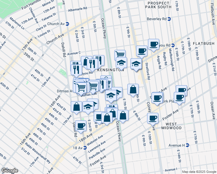 map of restaurants, bars, coffee shops, grocery stores, and more near 645 East 5th Street in Brooklyn