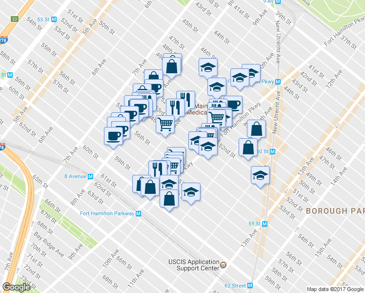 map of restaurants, bars, coffee shops, grocery stores, and more near 958 54th Street in Brooklyn