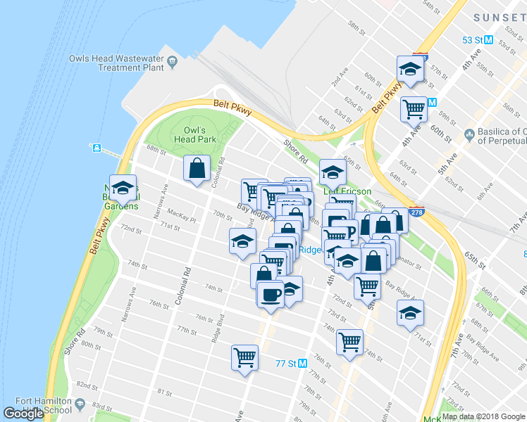 map of restaurants, bars, coffee shops, grocery stores, and more near 219 Bay Ridge Avenue in Brooklyn