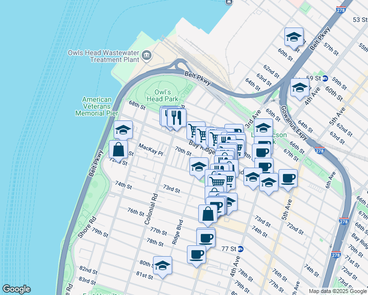 map of restaurants, bars, coffee shops, grocery stores, and more near 131 70th Street in Brooklyn