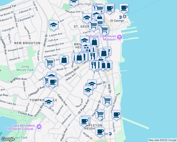 map of restaurants, bars, coffee shops, grocery stores, and more near 37 Tompkins Circle in Staten Island