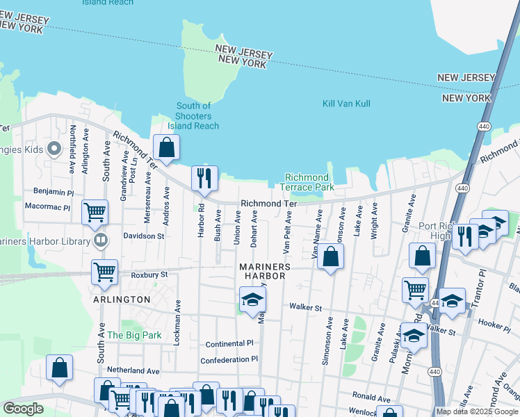 map of restaurants, bars, coffee shops, grocery stores, and more near 9 Dehart Avenue in Staten Island
