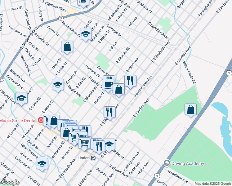 map of restaurants, bars, coffee shops, grocery stores, and more near 620 Essex Avenue in Linden