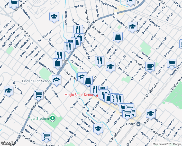 map of restaurants, bars, coffee shops, grocery stores, and more near 113 East Curtis Street in Linden