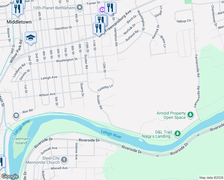 map of restaurants, bars, coffee shops, grocery stores, and more near 3845 Timothy Lane in Bethlehem