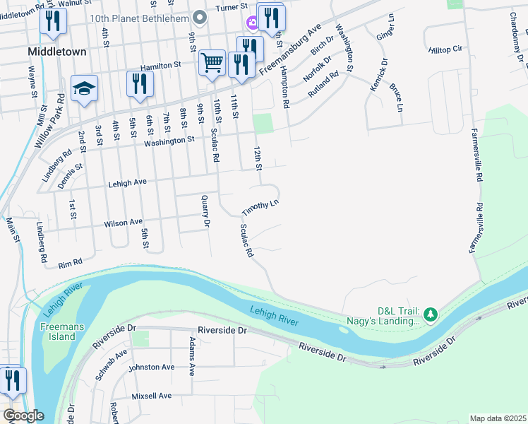 map of restaurants, bars, coffee shops, grocery stores, and more near 3845 Timothy Lane in Bethlehem