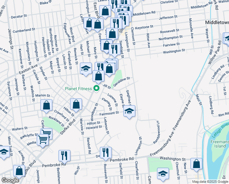 map of restaurants, bars, coffee shops, grocery stores, and more near 1482 Jill Street in Bethlehem