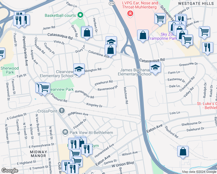 map of restaurants, bars, coffee shops, grocery stores, and more near 1950 Ravenwood Drive in Bethlehem