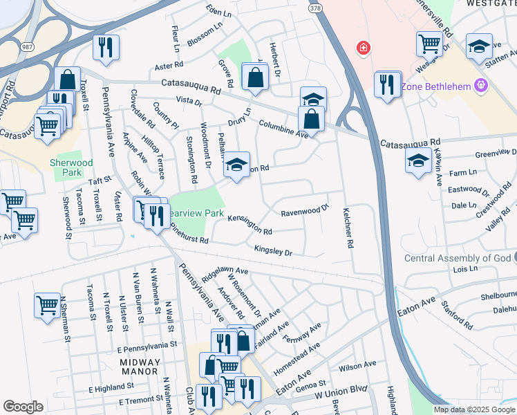 map of restaurants, bars, coffee shops, grocery stores, and more near 1411 Bonnie Drive in Bethlehem