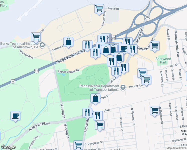 map of restaurants, bars, coffee shops, grocery stores, and more near in Allentown