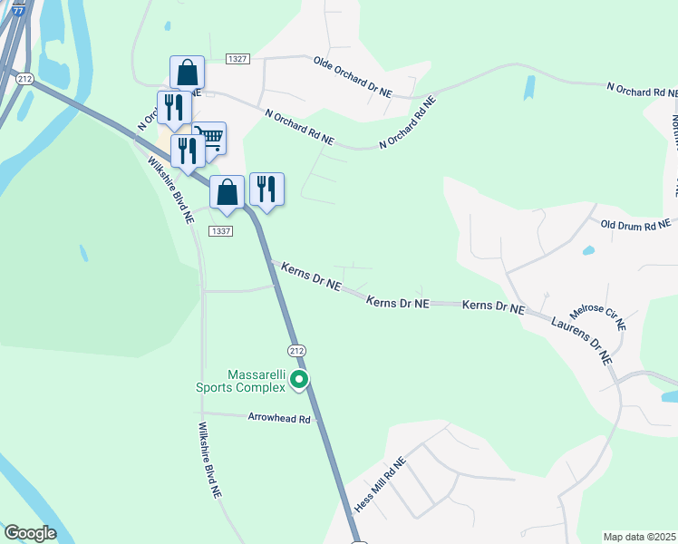 map of restaurants, bars, coffee shops, grocery stores, and more near 805 Kerns Drive Northeast in Bolivar