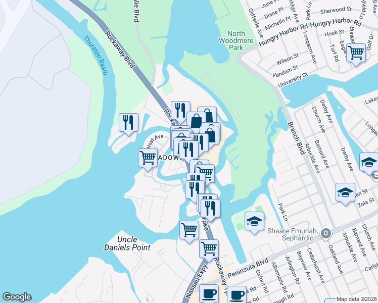 map of restaurants, bars, coffee shops, grocery stores, and more near 1200 Rockaway Boulevard in Queens