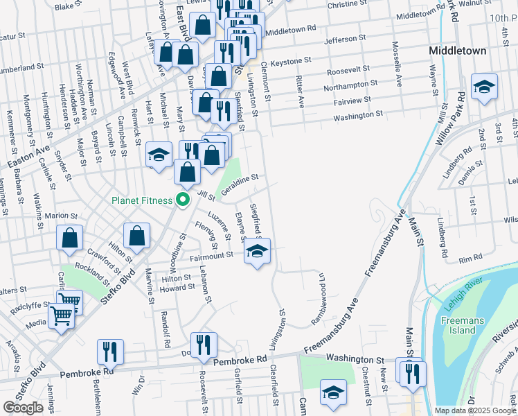 map of restaurants, bars, coffee shops, grocery stores, and more near 1570 Siegfried Street in Bethlehem