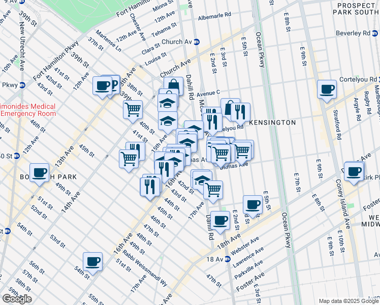 map of restaurants, bars, coffee shops, grocery stores, and more near 3908 16th Avenue in Brooklyn
