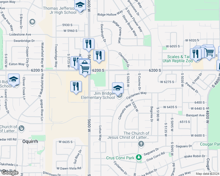 map of restaurants, bars, coffee shops, grocery stores, and more near 6311 Dewdrops Drive in West Jordan