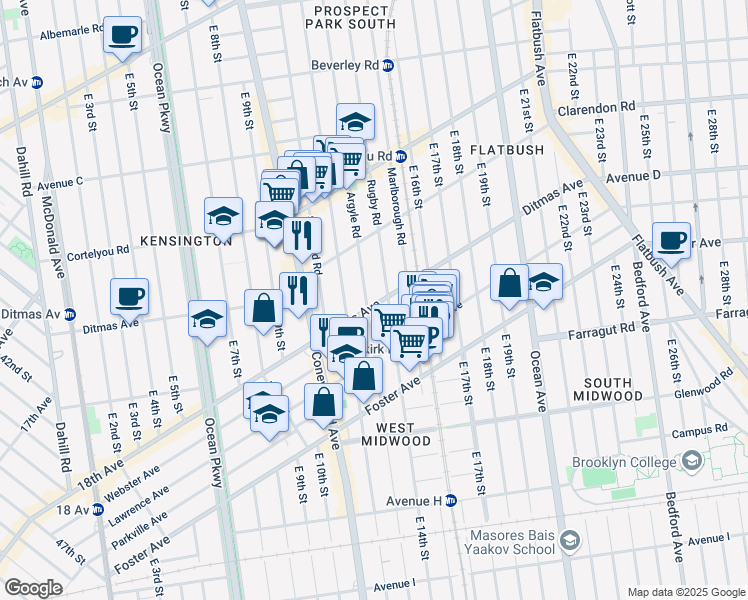 map of restaurants, bars, coffee shops, grocery stores, and more near 1303 Ditmas Avenue in Brooklyn