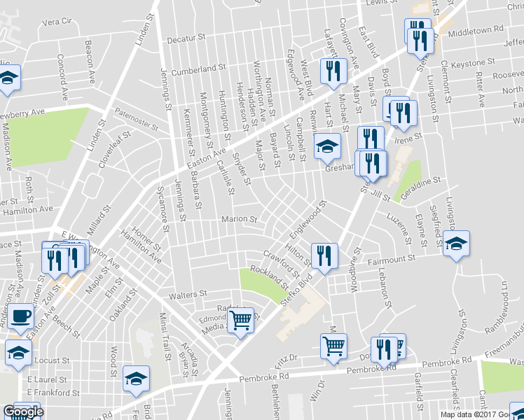 map of restaurants, bars, coffee shops, grocery stores, and more near 1717 Snyder Street in Bethlehem