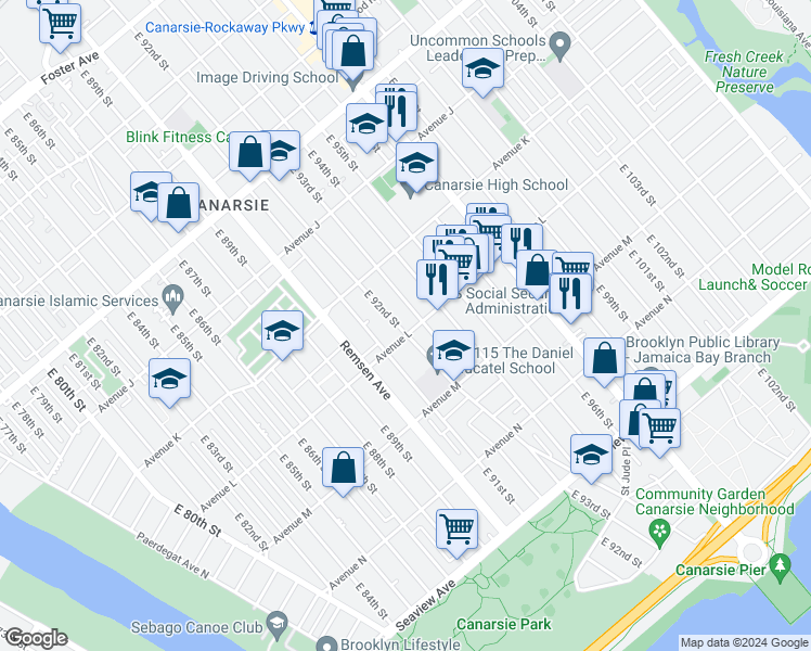map of restaurants, bars, coffee shops, grocery stores, and more near 1409 East 92nd Street in Brooklyn