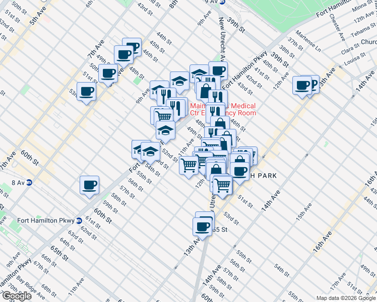 map of restaurants, bars, coffee shops, grocery stores, and more near 1130 50th Street in Brooklyn