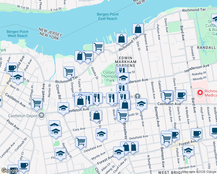 map of restaurants, bars, coffee shops, grocery stores, and more near 820 Henderson Avenue in Staten Island