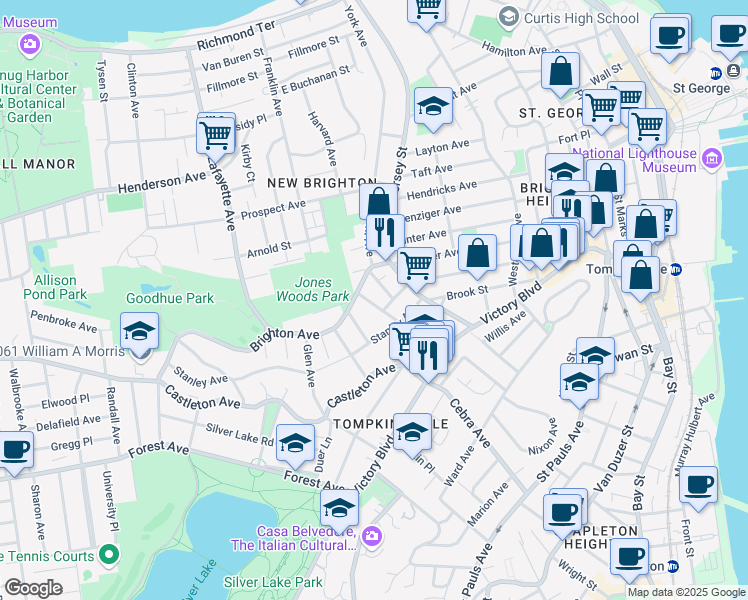 map of restaurants, bars, coffee shops, grocery stores, and more near 19 Pine Street in Staten Island