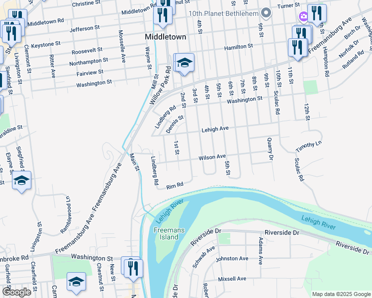 map of restaurants, bars, coffee shops, grocery stores, and more near 1563 2nd Street in Bethlehem