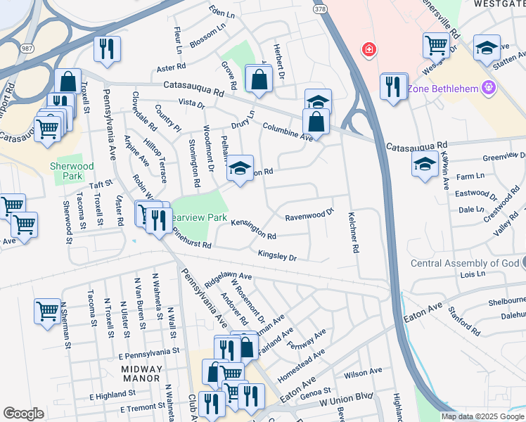 map of restaurants, bars, coffee shops, grocery stores, and more near 1411 Bonnie Drive in Bethlehem