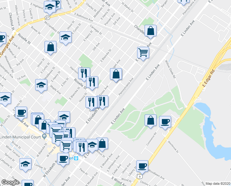 map of restaurants, bars, coffee shops, grocery stores, and more near 12 Bower Street in Linden