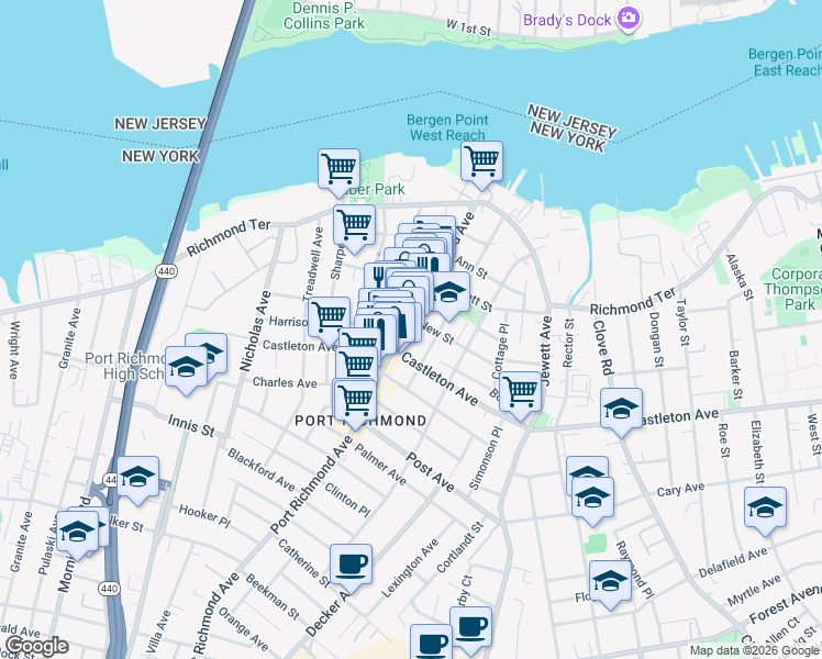 map of restaurants, bars, coffee shops, grocery stores, and more near in Staten Island
