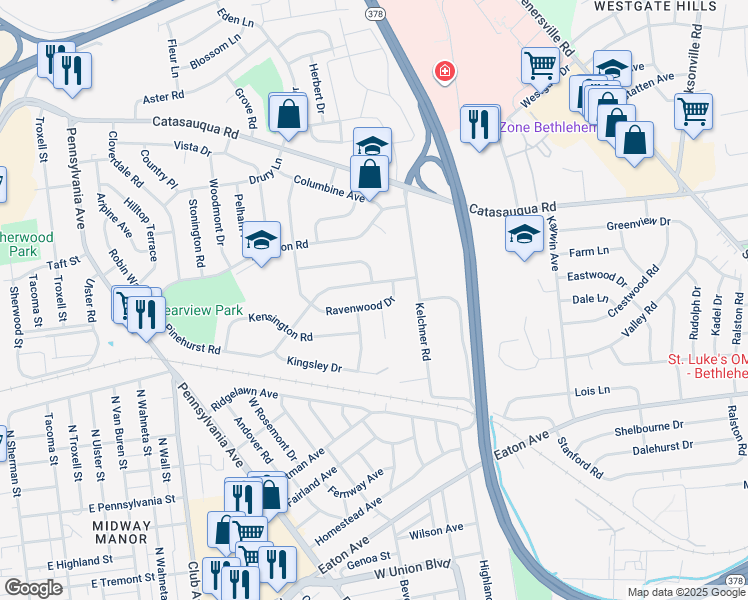 map of restaurants, bars, coffee shops, grocery stores, and more near 1938 Ravenwood Drive in Bethlehem