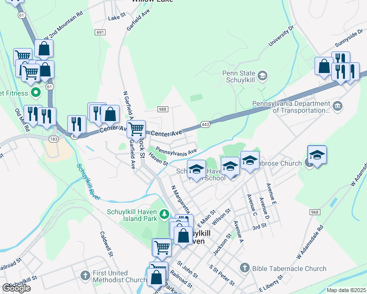 map of restaurants, bars, coffee shops, grocery stores, and more near 31 Stanton Street in Schuylkill Haven