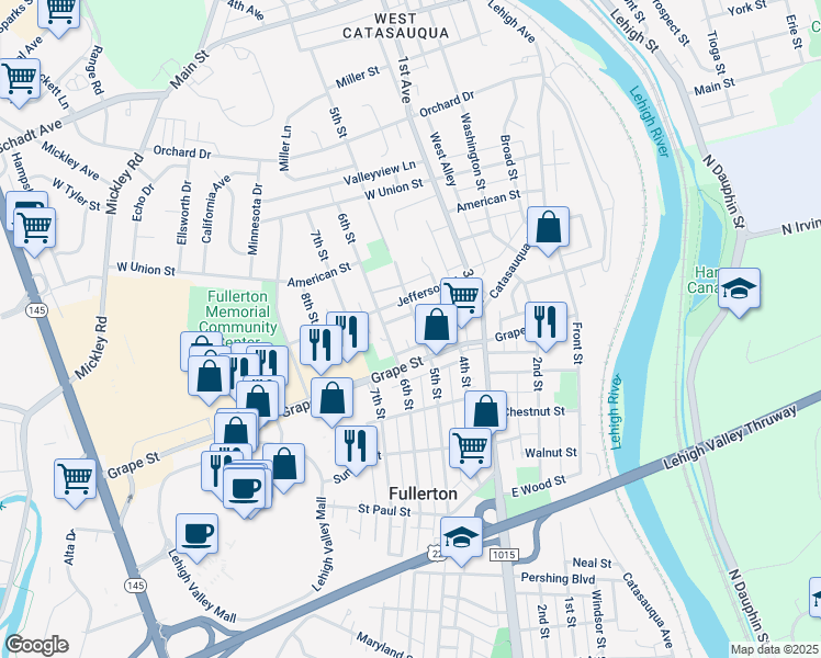 map of restaurants, bars, coffee shops, grocery stores, and more near 924 5th Street in Fullerton