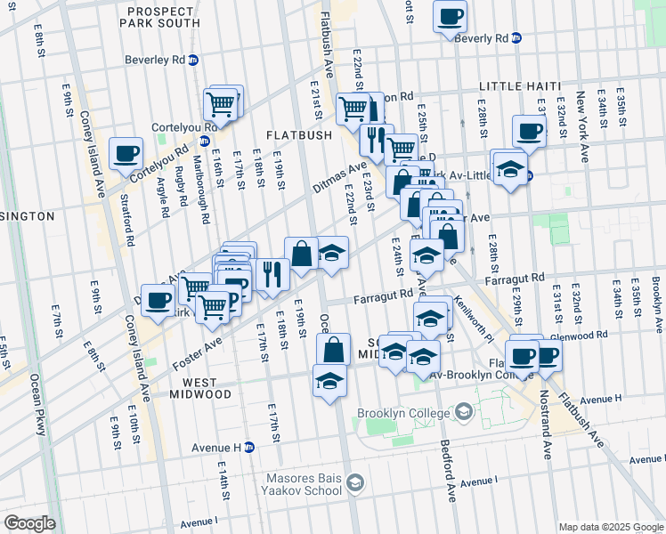 map of restaurants, bars, coffee shops, grocery stores, and more near 2011 Foster Avenue in Brooklyn