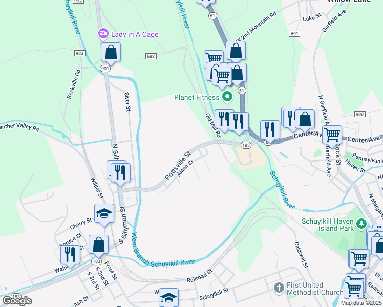 map of restaurants, bars, coffee shops, grocery stores, and more near 149 Pottsville Street in Cressona