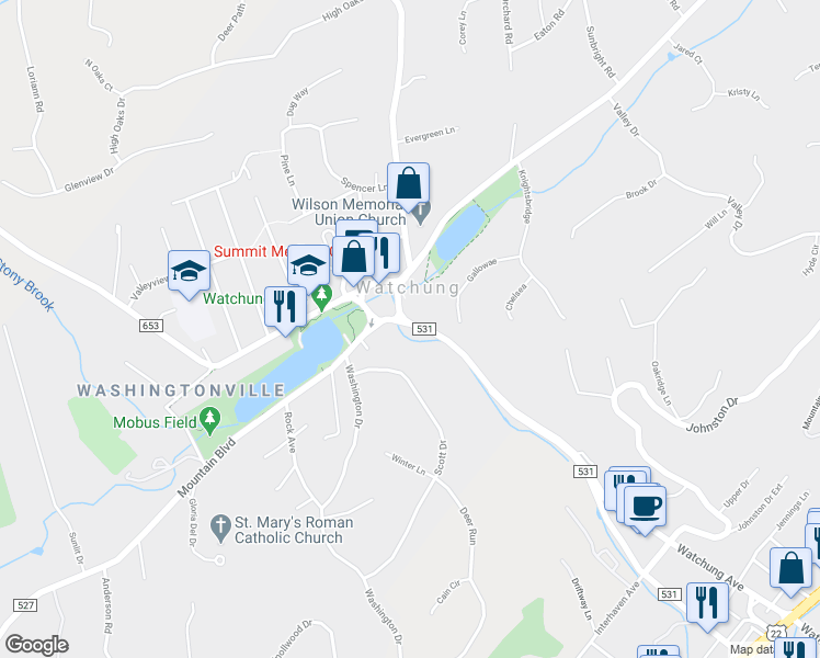 map of restaurants, bars, coffee shops, grocery stores, and more near 989 Somerset Street in Watchung