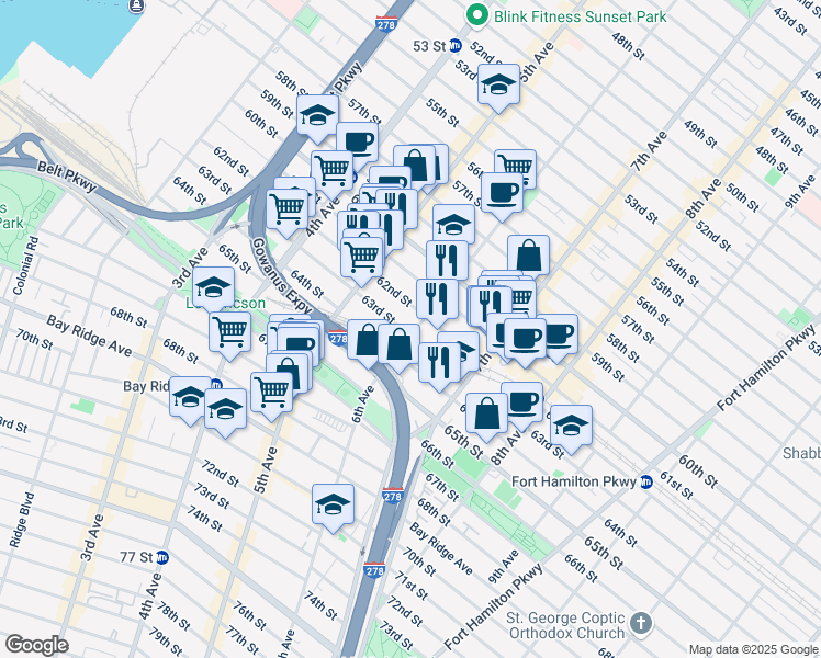 map of restaurants, bars, coffee shops, grocery stores, and more near 6206 6th Avenue in Brooklyn