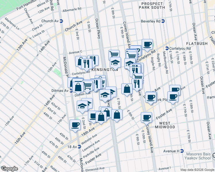 map of restaurants, bars, coffee shops, grocery stores, and more near 485 Ocean Parkway in Brooklyn