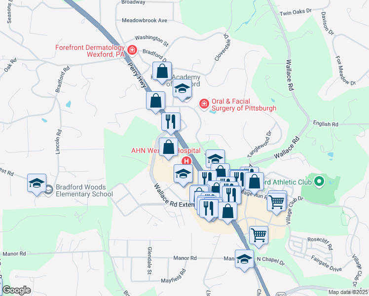 map of restaurants, bars, coffee shops, grocery stores, and more near 12311 Perry Highway in Wexford
