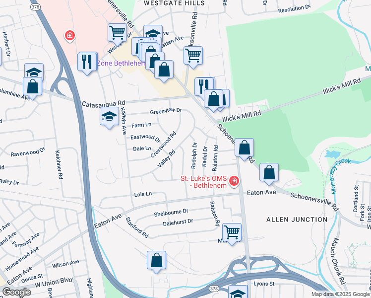 map of restaurants, bars, coffee shops, grocery stores, and more near 1566 Primrose Lane in Bethlehem