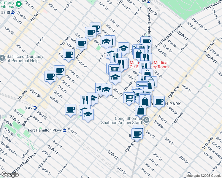 map of restaurants, bars, coffee shops, grocery stores, and more near 5205 Fort Hamilton Parkway in Brooklyn