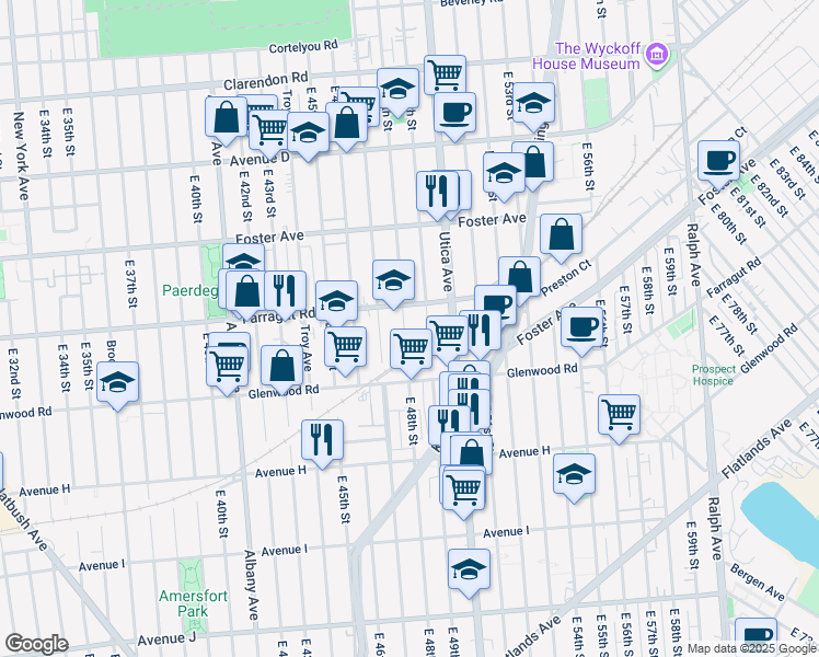 map of restaurants, bars, coffee shops, grocery stores, and more near 1021 East 48th Street in Brooklyn
