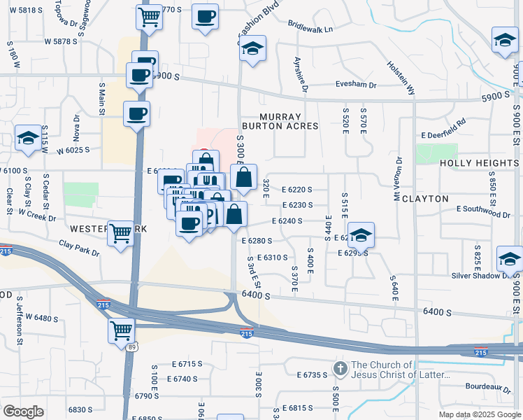 map of restaurants, bars, coffee shops, grocery stores, and more near 314 East 6230 South in Murray