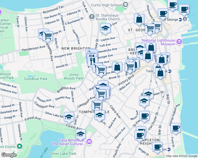 map of restaurants, bars, coffee shops, grocery stores, and more near 11 Stanley Avenue in Staten Island