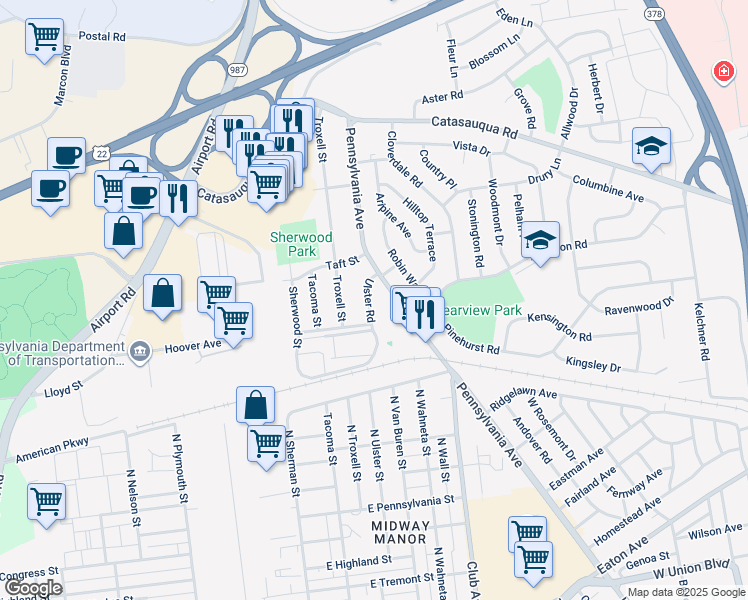 map of restaurants, bars, coffee shops, grocery stores, and more near 1826 Ulster Road in Allentown