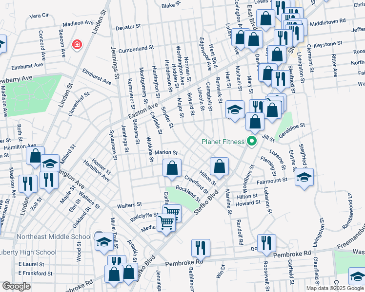 map of restaurants, bars, coffee shops, grocery stores, and more near 1717 Snyder Street in Bethlehem