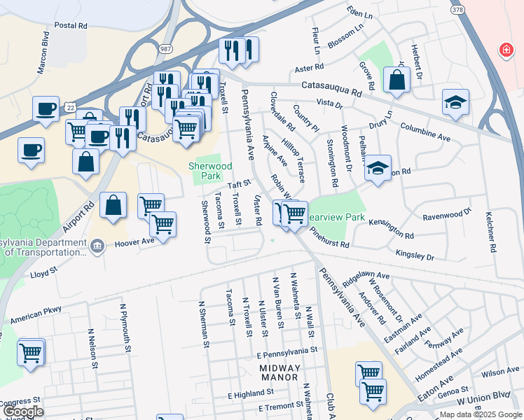 map of restaurants, bars, coffee shops, grocery stores, and more near 1826 Ulster Road in Allentown