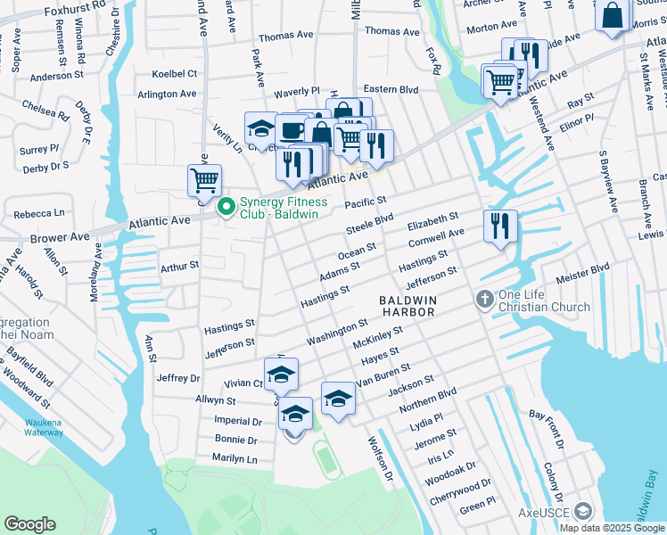 map of restaurants, bars, coffee shops, grocery stores, and more near 927 Adams Street in Baldwin