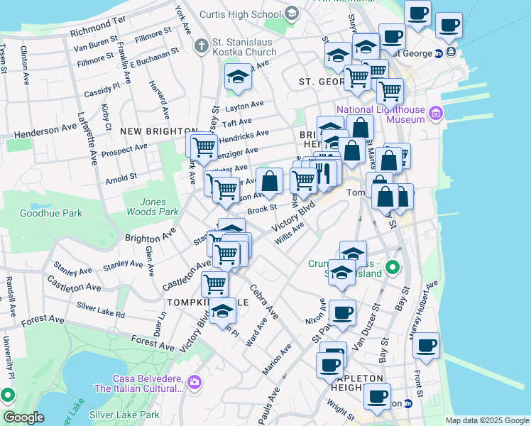 map of restaurants, bars, coffee shops, grocery stores, and more near 92 Brook Street in Staten Island