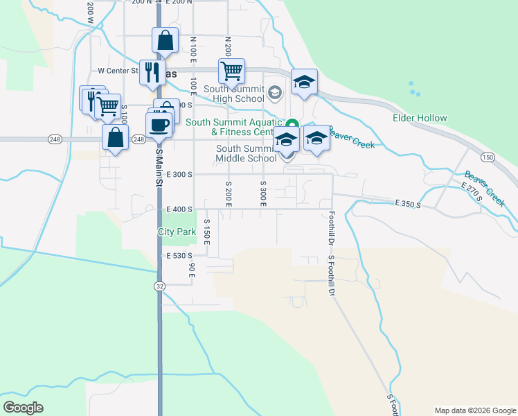 map of restaurants, bars, coffee shops, grocery stores, and more near 285 East 400 South in Kamas